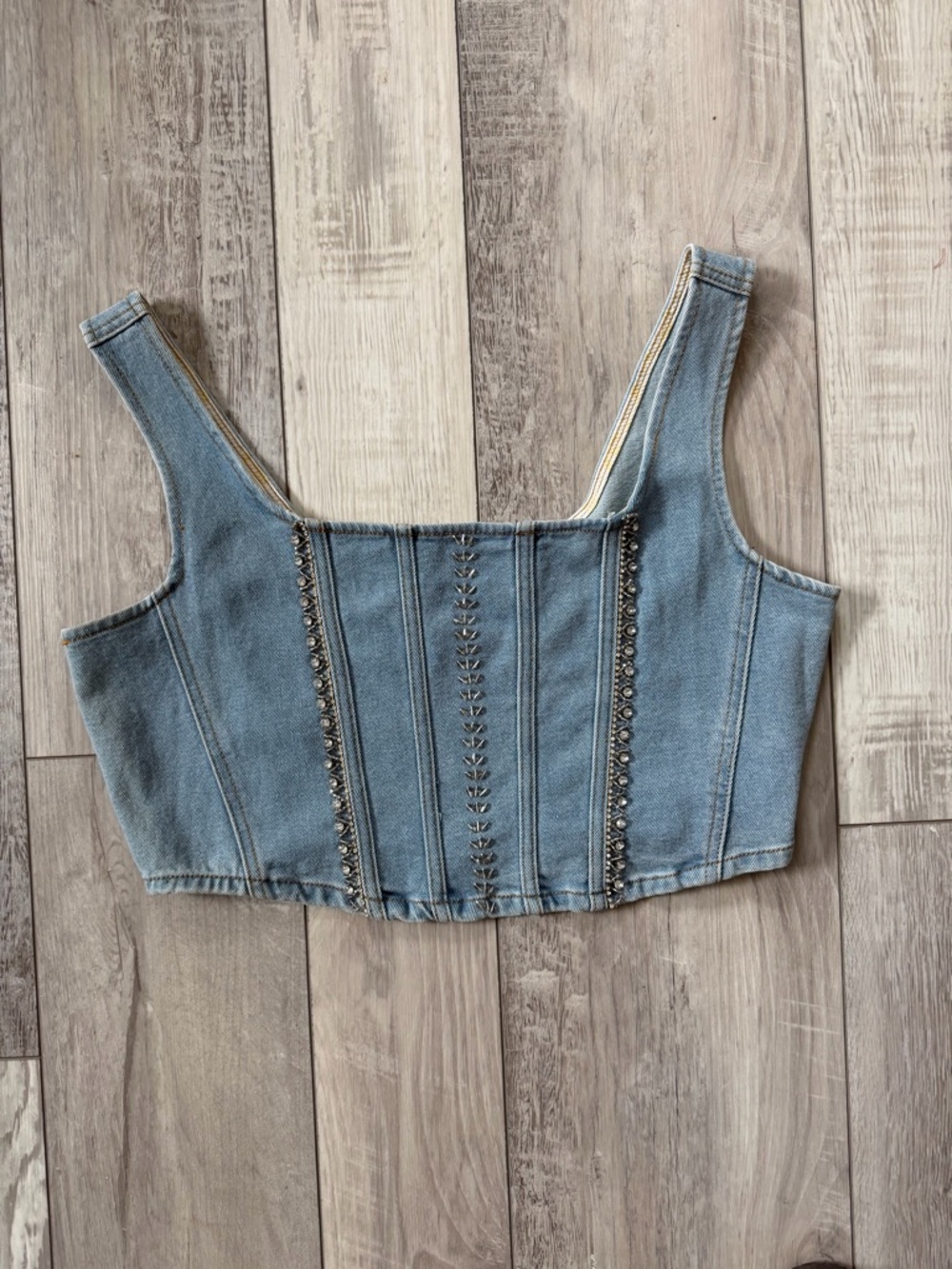 NWT POL Rhinestone Denim Corset Cropped Tank Top size Medium - Picture 7 of 11